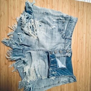 Altar'd State Light Blue Distressed Fringe Denim Shorts